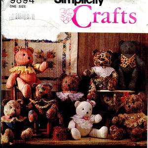 May include: A Simplicity 9894 sewing pattern envelope for stuffed bears. The cover features seven teddy bears in various fabric patterns, colors, and lace collars. Text includes Simplicity 9894, One Size, Crafts, and various company address details.