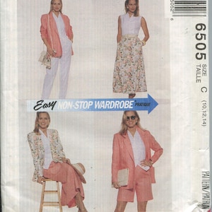 Misses Non Stop Wardrobe Pattern McCalls 6505 UNCUT 1993 | Unlined jacket, sleeveless top, A-line skirt, tapered pants, shorts | Sz 10 12 14