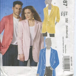 Unisex Pattern Misses' and Men's Lined Jackets , Notched Collar UNCUT McCalls 6087 - Dated 2010 -Sizes XM Small Medium Large