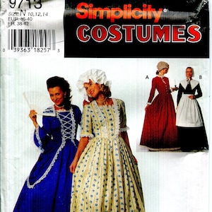 Puede incluir: Patrón de disfraces Simplicity 9713, con diseños de vestidos históricos. El paquete muestra un vestido azul con encaje blanco, un vestido amarillo floral y otras dos opciones de disfraces. Talla N, EUR 36-40, FR 38-42.