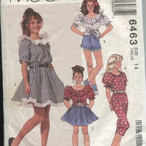 May include: McCall's sewing pattern featuring illustrations of dresses and separates. The pattern includes a gingham dress, a floral jumpsuit, and other vintage-style outfits. Size 14.
