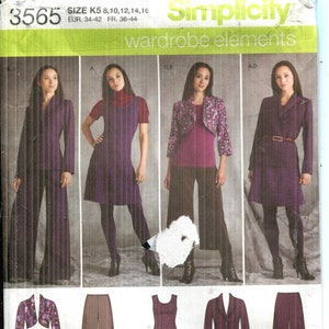 May include: Simplicity 3565 sewing pattern featuring wardrobe elements. The pattern includes a dress, jacket, pants, and a bolero. The size is K5, with measurements for EUR 34-42 and FR 36-44. The price is $16.95.