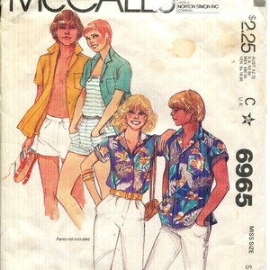Misses Shirt Pattern McCalls 6965, Short Sleeves, Notched Collar, Front Buttoned, Side Vents, Patch Pocket, 1980s Size Small (10-12)  CUT