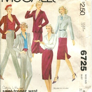 May include: Vintage McCall's sewing pattern 6725 featuring illustrations of women's suits and separates. The pattern includes a blazer, skirt, and pants. The cover is aged with text that reads "saint-tropez west".