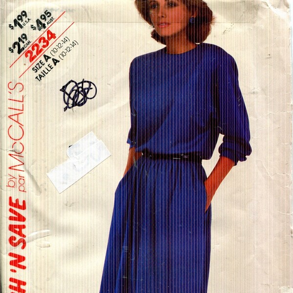 Pattern Misses' Pullover Dress, Jewel Neckline, Tapered Sleeves-UNCUT/FF McCalls 2234 Easy Stitch'n Save series-Dated 1985 Sizes A 10 12 14