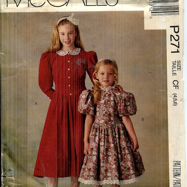 Pattern Children's Girls  Below Calf Dress, Semi Fitted Bodice, Decorative Front Buttons UNCUT/FF McCalls 271 - Dated 1990-Sizes CF 4 5 6