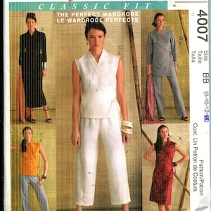 May include: McCall's Classic Fit sewing pattern featuring various women's wardrobe options. The pattern includes designs for a wrap top, pants, and dresses. The package displays images of the finished garments in different colors and styles.