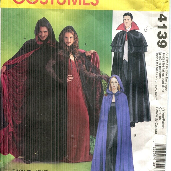 Modèle Costumes d'Halloween pour adultes-Sorcière, Goule, Cape de vampire, Jeune fille COUPÉE à Xl*** -McCalls 4139- Daté de 2003-Taille S M L XL