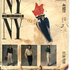 May include: Vintage McCall's NY The Collection sewing pattern. The cover features a fashion illustration of a red top, navy blue skirt, and black belt. Includes three smaller images of the clothing designs. Size 8.
