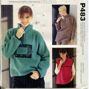 Puede incluir: Patrón de costura McCall's P483 con tres diseños de prendas. La portada muestra un jersey verde azulado con un diseño de hojas, una túnica marrón y un chaleco rojo. El patrón incluye todas las tallas en un sobre.