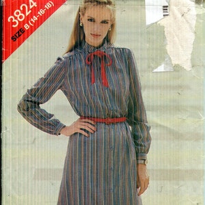 May include: A vintage sewing pattern package featuring a woman wearing a striped dress with a red bow and belt. The package is red and white with the text "See & Sew" and "3824". The dress has vertical stripes in various colors.