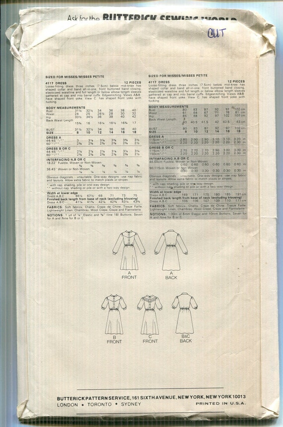 Pattern Misses'Misses' Petite Buttoned Front Dress Below Mid Knee Sleeve Variation CUT Butterick 4117 Dated 1980's Size 10 Loose Fitting
