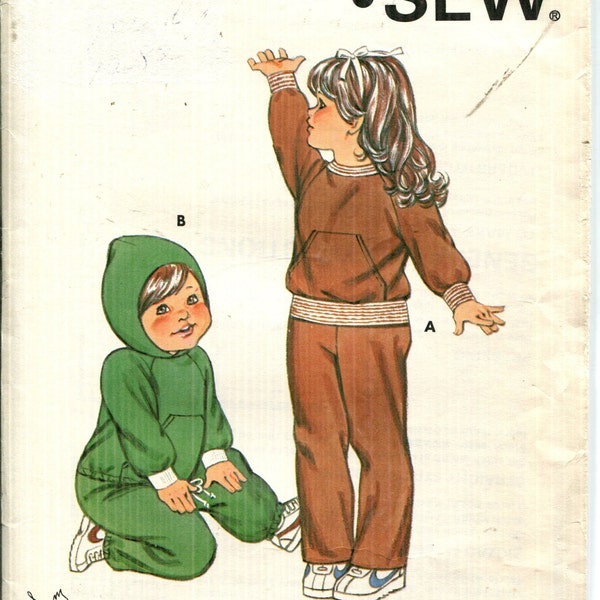 Pattern Children's Girls-Sweatsuit, Jogging Suit, Pullover Top, Hooded Top, Pull on Pants-CUT Kwik Sew 1154-Date 1980s-Description for Size