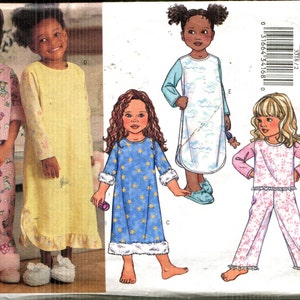 May include: A children's sleepwear pattern featuring illustrations of girls in various pajama styles. The designs include a pink teddy bear print pajama set, a yellow nightgown, a blue star-patterned nightgown, and a white nightgown with cloud designs.