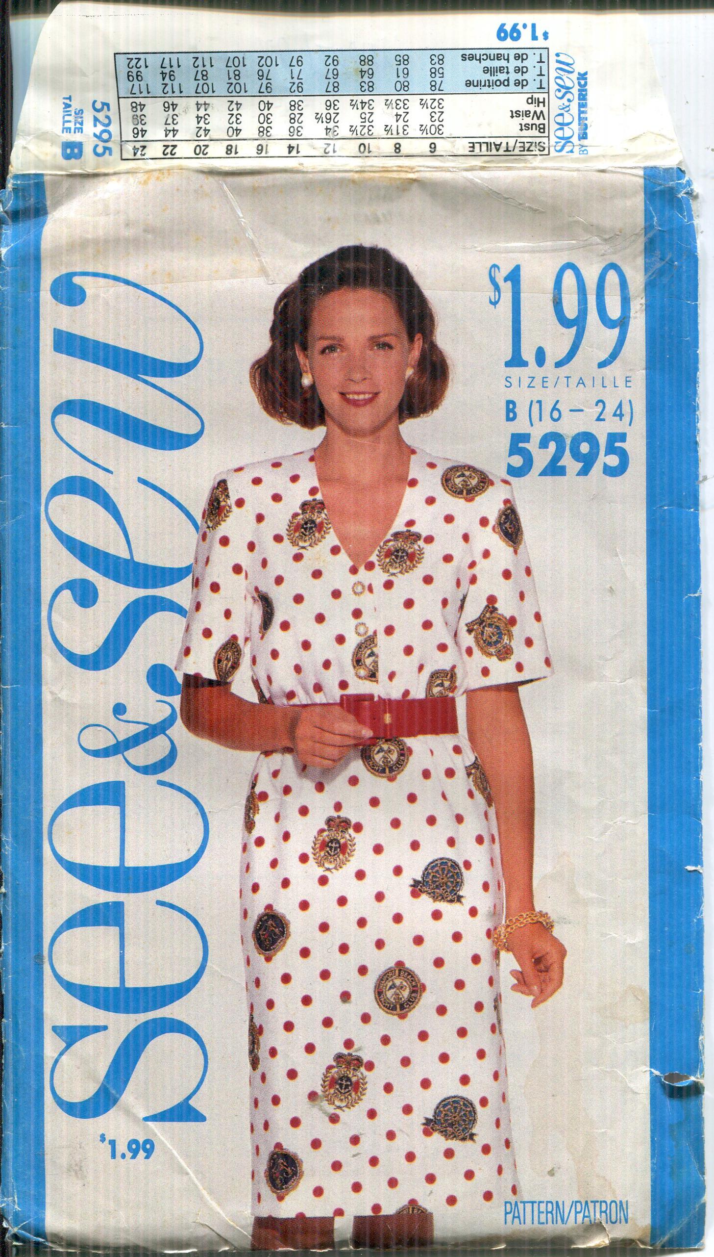 Patron Robe pour dames/Petite demoiselle, corsage blouson, jupe droite non coupée/FF-Butterick 5295 - Daté 1991 See & Sew - Tailles B 16 18 20 22 24