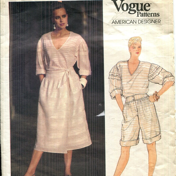 Misses Pattern Loose Fitting Pullover Top, A Line Wrap Skirt, Mid Calf Wide Legged Shorts CUT sz 10 -Vogue 1139 Dated 1980's Sizes 6 8 10