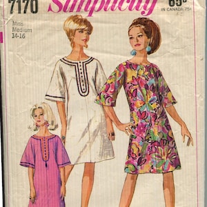 Misses&#39; Caftan Pattern Simplicity 7170 | Two Lengths, Elbow Length Kimono Sleeves, Back Zipper, Dated 1967, Medium 14-16 Bust 34-36