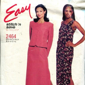 Pattern Misses&#39; Unlined Jacket and Sleeveless Dress McCalls 2464 CUT size 14- Easy Stitch&#39;n Save series- Dated 1999 Sizes A 8 10 12 14