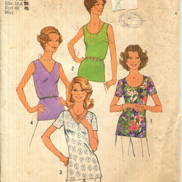 Pattern Misses' Top Stitched Tops, Back Zipper, Sleeveless or Short Sleeves, Neckline Variations-CUT Simplicity 6975-Date 1975 Sz 18 Bust 40