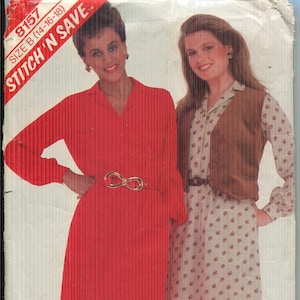 Misses&#39; Buttoned Pullover Dress Pattern McCalls 8157 with Unlined Vest, Pleated Yoke, Notched Collar, Long Sleeves, Sizes B14-18