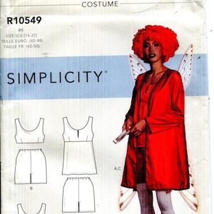 May include: A Simplicity R10549 sewing pattern envelope for a costume. The front displays a photograph of a person wearing a red long-sleeved coat, a dark skirt, light-colored tights, lace-up boots, and fairy wings, alongside line drawings of garment variations.