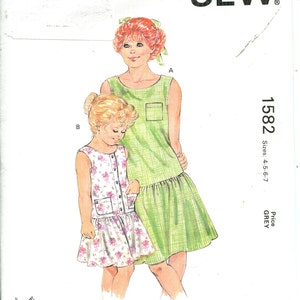 Pattern Childrens Girls Sleeveless Dress, Dropped Waist, Gathered Skirt UNCUT/FF Kwik Sew 1582-Dated 1980's-Sizes 4 5 6 7