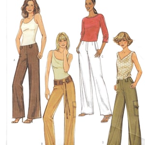 Può includere: Una busta per cartamodello Butterick B4077 con illustrazioni di quattro diversi stili di pantaloni. Il modello A mostra pantaloni marroni gessati, B pantaloni cargo color cuoio con cintura, C pantaloni bianchi a gamba larga e D pantaloni cargo verde oliva.