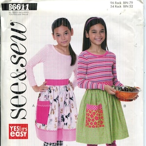 Girls Apron Pattern Butterick 6611 See and Sew, View A & B, Contrast Pockets, Waistbands, Ties, Child Sizes 7-8, 10-12, 14-16,