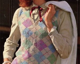 Misses&#39; Argyle Vest in 3 Weights (Unisex Directions) PDF Knitting Instructions Instant Download