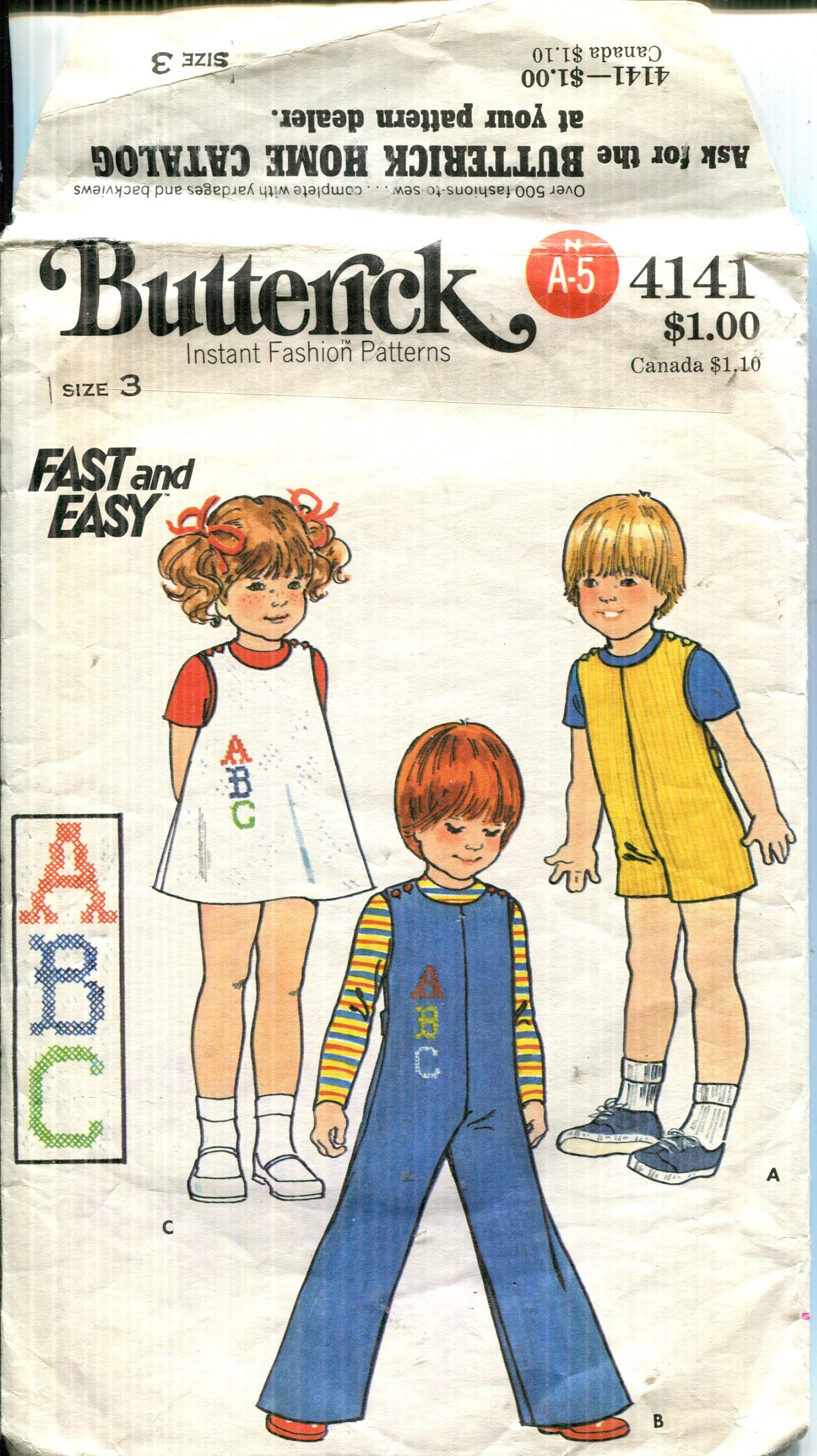 Pattern Toddlers' and Child's A Line Jumper, Pull On Long or Short Jumpsuit, Buttons at Shoulders CUT- Butterick 4141  Dated 1980's size 3