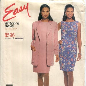 May include: A vintage McCall's sewing pattern envelope featuring two women modeling dresses. One woman wears a pink suit, the other a blue floral dress. The envelope has the text "Easy stitch 'n save" and pattern number 8596.