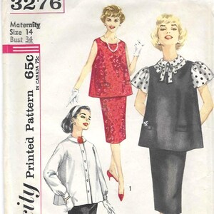 Może przedstawiać: Vintage koperta z wykrojem Simplicity z ilustracjami mody ciążowej. Koperta zawiera numer 3276, rozmiar 14 i obwód klatki piersiowej 34. Cena to 65c w Kanadzie.
