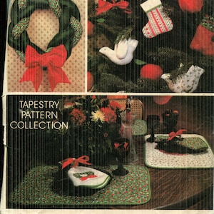 May include: A vintage Avon tapestry pattern collection featuring a Christmas wreath, a stocking, a dove, and a table setting with placemats and napkins. The collection is designed exclusively for Avon by McCall Patterns.