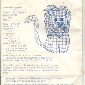 Patchwork Pattern and Instructions for 20" High Stuffed Toy Lion UNCUT/FF -Yours Truly Inc. 3717 image 2