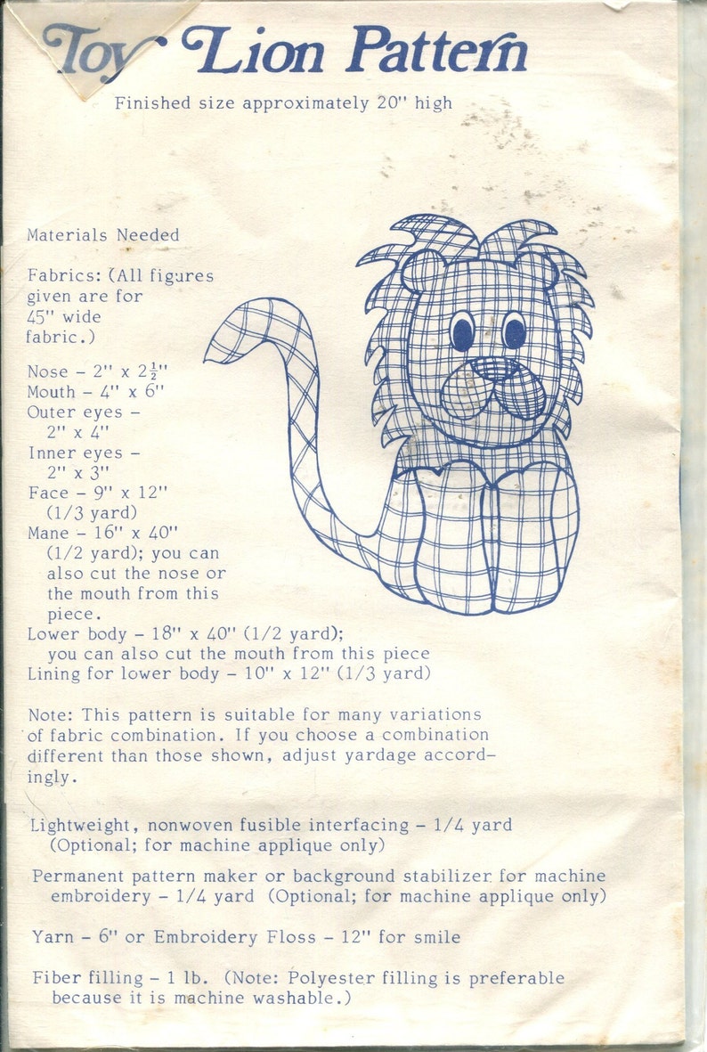Patchwork Pattern and Instructions for 20" High Stuffed Toy Lion UNCUT/FF -Yours Truly Inc. 3717 image 2