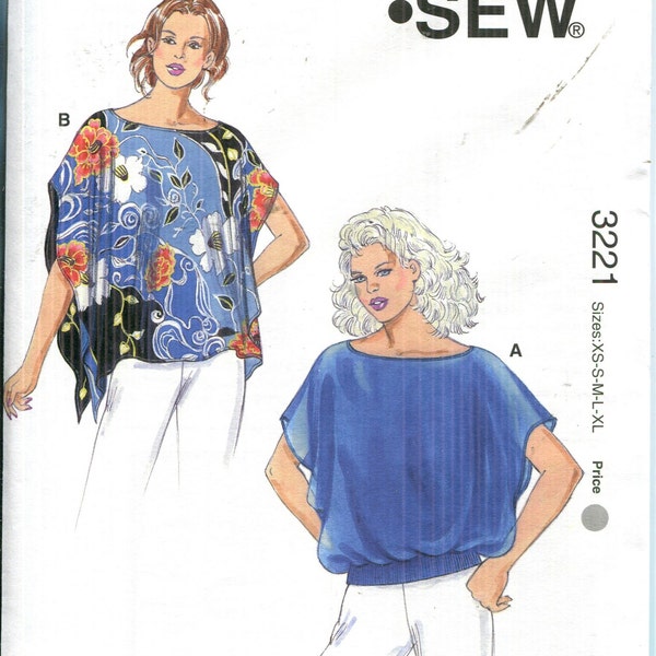 Pattern Misses Loose Fitting Tops have Bateau Neckline, Batwing Sleeves, UNCUT/FF Kwik Sew 3221-Dated 1980s-Sizes Xs S M L Xl