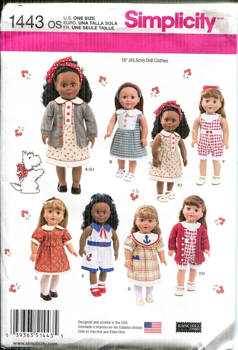 PlaysuitJumpsuit American Doll-UNCUTFF Simplicity 1713 Dated 2014-One Size Pattern 18 Girl Doll Clothes Sleeveless or Short Sleeve Dress