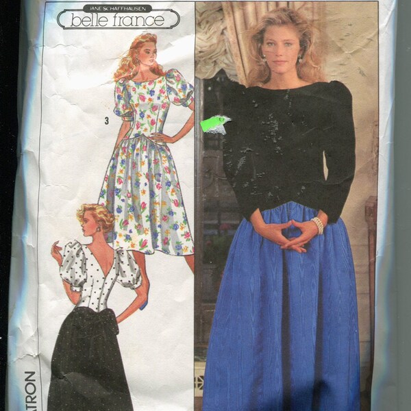 Pattern Misses' Dress Below Calf or Calf Length full Skirt CUT to SZ 14 Simplicity 9446 Series Belle France- Dated 1989 -Sizes KK 8 10 12 14