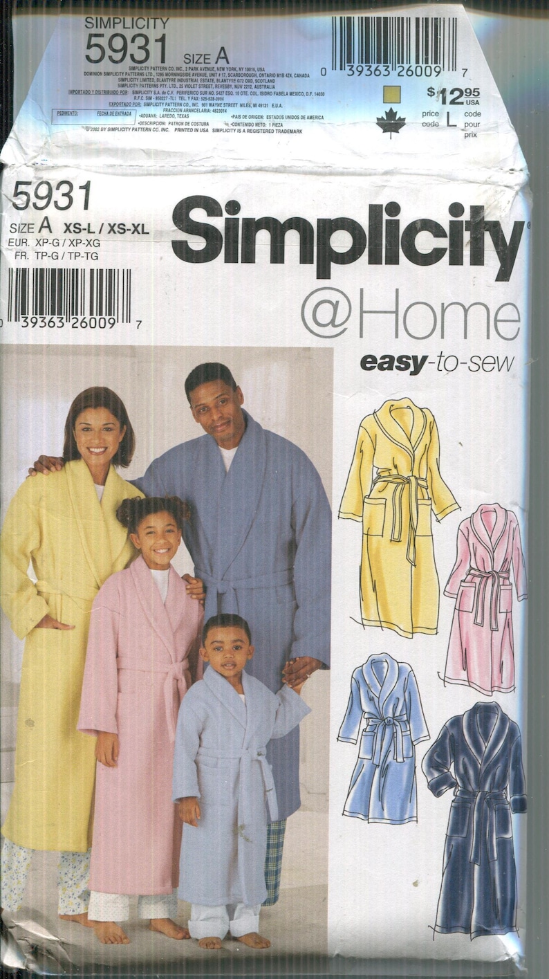 Simplicity Robe Pattern Simplicity 5931 Robe Sewing Pattern: Unisex XS-XL, Shawl Collar ...