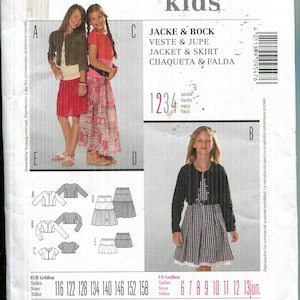 May include: A Burda Kids sewing pattern envelope, number 9547, featuring illustrations and photographs of a jacket and skirt set. The package displays technical line drawings, size charts ranging from 116 to 158, and text in multiple languages.