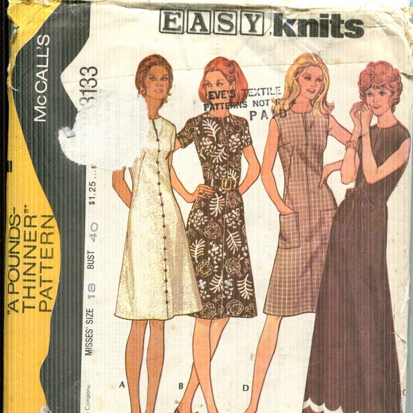 Misses' Dress, Back Zippered Dress, Long or Short-Recommended for Knits, UNCUT/FF-McCalls 3133 Easy Knits Series-Dated 1972 Size 18 Bust 40