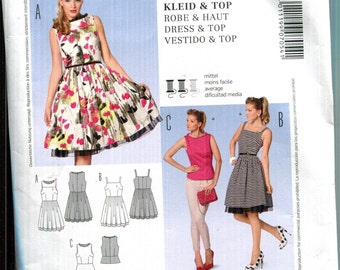 Pattern Misses' Dress and Top, Fitted, Back Zipper, Gathered Skirt, Sleeveless or Straps Burda 8898 CUT Sz 14 Dated 2013 -Sizes 8 10 12 14