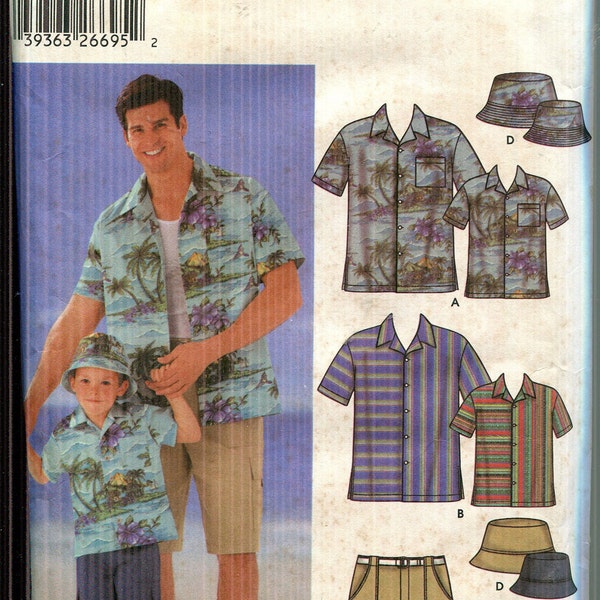 Pattern Men's Boy's Button Up Shirt, Cargo Style Shorts, and Hat UNCUT/FF Simplicity 5581 Dated 2001 Size A Child S M L Adult  S M L XL