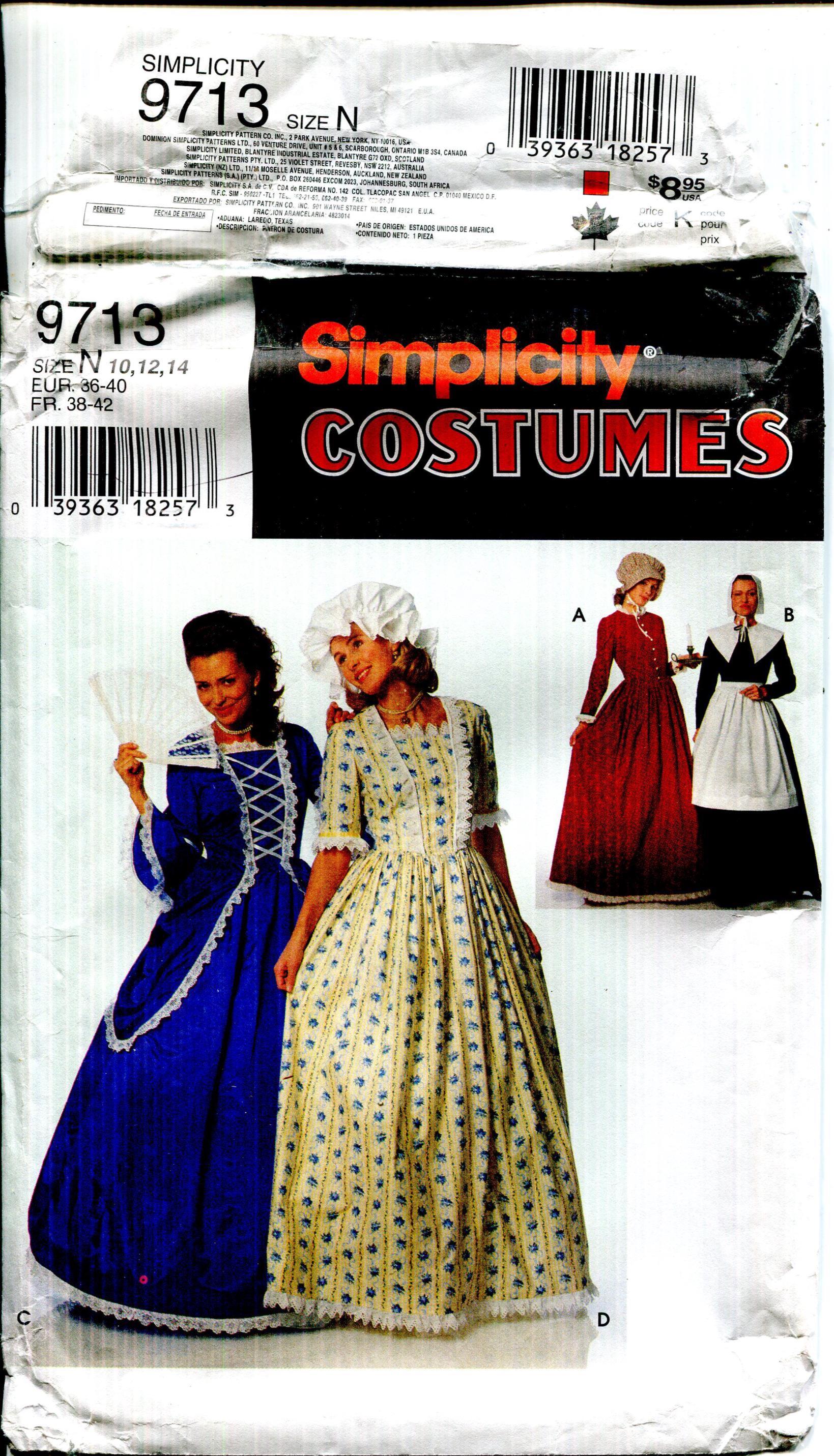 Pattern Adults Costume Puritan, Centennial and 18th / 19th Century