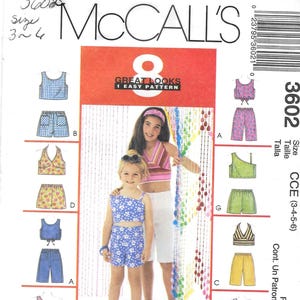 May include: McCall's sewing pattern 3602, featuring eight great looks for girls. The pattern includes tops and shorts in various styles. The size range is 3-4 and 3-4-5-6. The price is $10.95.