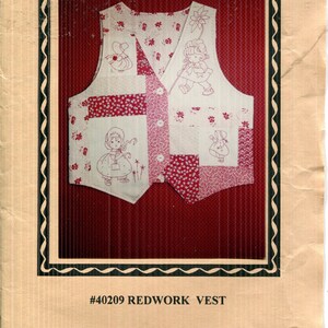 May include: A sleeveless waistcoat featuring a patchwork design of white fabric with red floral patterns and white panels with red line-art illustrations of children. The waistcoat has three white buttons and is labelled #40209 REDWORK VEST by Sentimental Stitches.