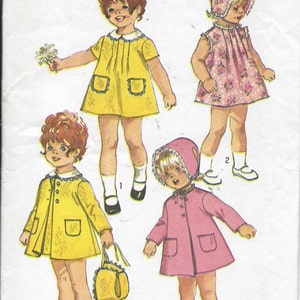 Modello per bambine, neonati e bambini piccoli, vestito con cerniera posteriore, cuffia, giacca elegante - Simplicity 9191 CUT - Datato 1970 - Taglie 1/2 seno 19 (6 mesi)