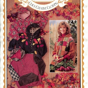 May include: A vintage sewing pattern titled "Four Corners Quick Creative Clothing" featuring images of patchwork hoodies. The pattern is for "The Chill Chaser Warm-Up" and includes a woman wearing a patchwork hoodie. The background is decorated with fall leaves.