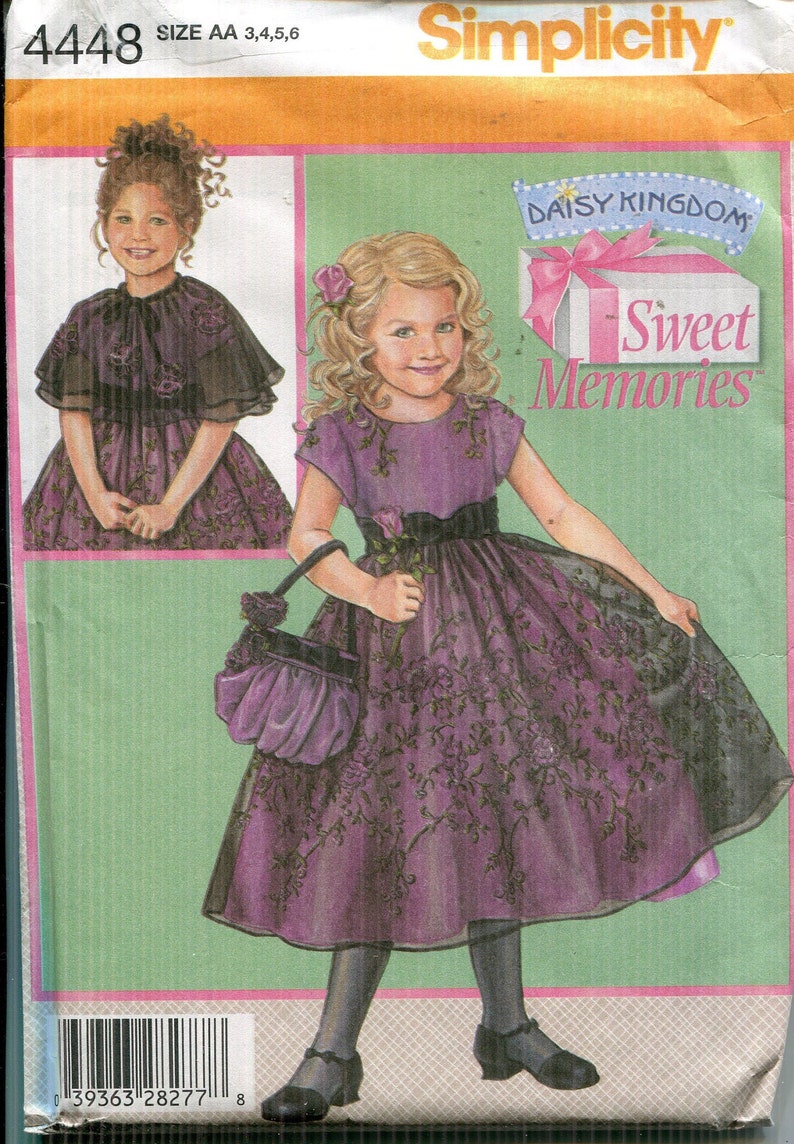 Pattern Girls Toddler Calf Length Dress Full Gathered Skirt,Back Zipper;Capelet Purse UNCUT FF Simplicity 4448 Dated 2005 Sizes AA 3 4 5 6