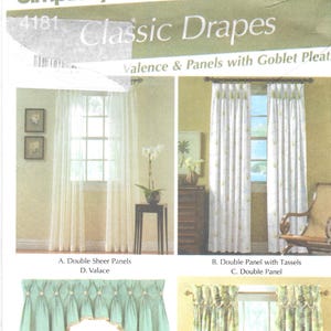 May include: Simplicity 4181 sewing pattern for home decorating classic drapes, featuring instructions for double sheer panels, double panels with tassels, and a valance. The package displays various window treatment designs by Robin Greenwood.